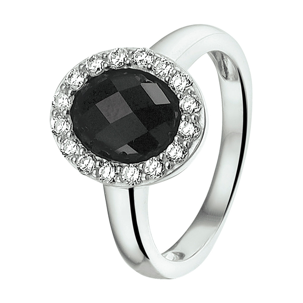 Ring Onyx und Zirkonia rhodiniert Silber
