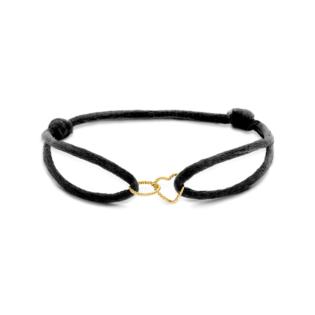 armband satijn zwart hart en rondje gedraaid 13 - 26 cm 14K goud met rubber/nylon/leer