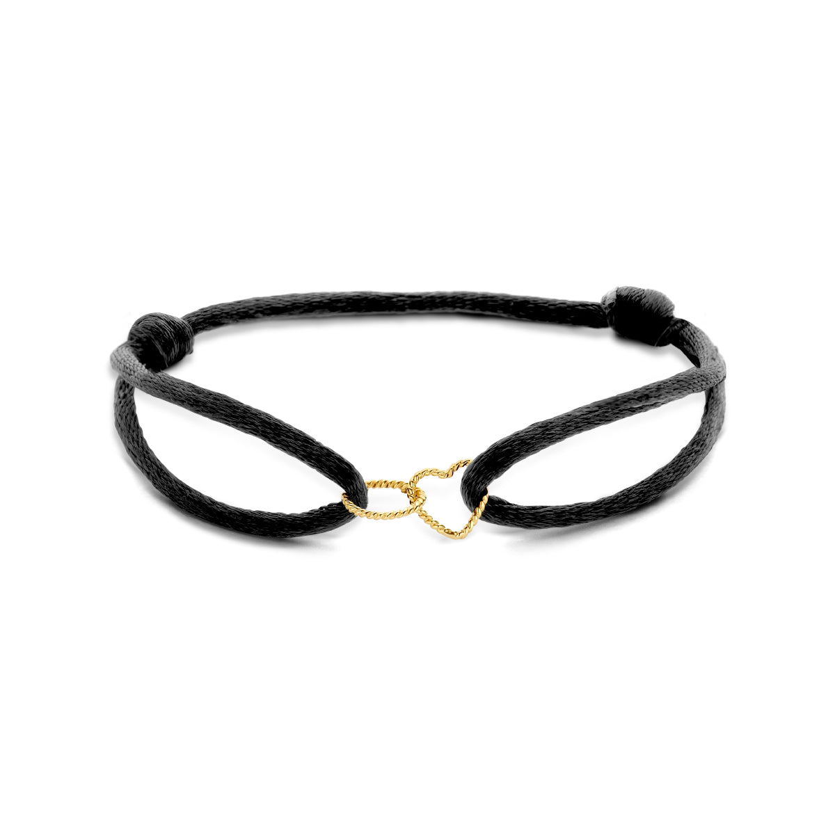 Armband Satin schwarz Herz und Kugel verdreht 13 - 26 cm 14K Gold mit Gummi/Nylon/Leder