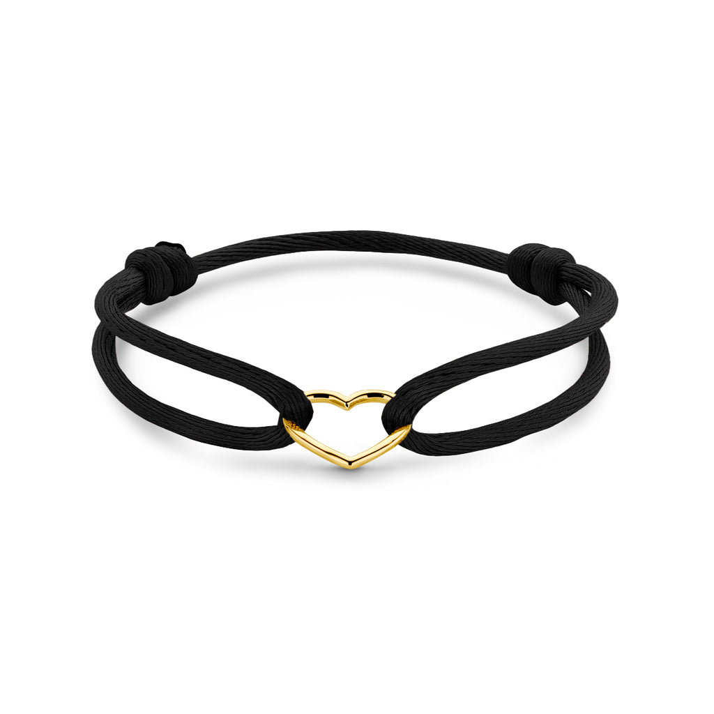 Armband Satin schwarz Herz 11 - 19 cm (Kinderlänge) 14K Gold mit Gummi/Nylon/Leder