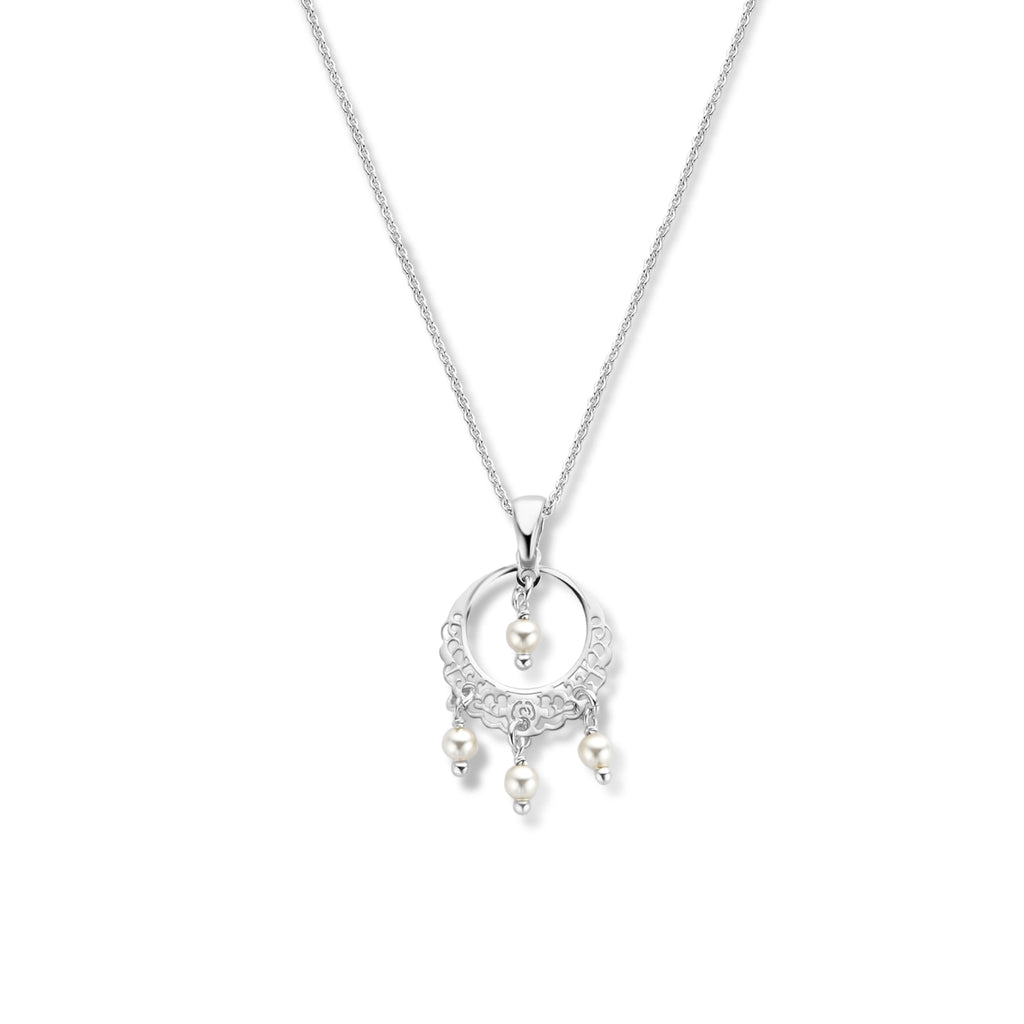 Halskette filigran und Swarovski Perlen 45 + 5 cm Silber rhodiniert