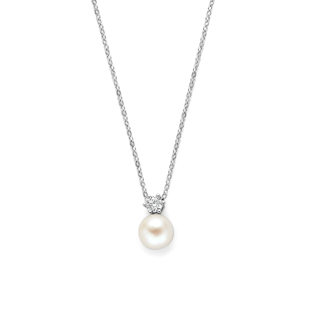 collier parel en zirkonia 42 + 3 cm zilver gerhodineerd