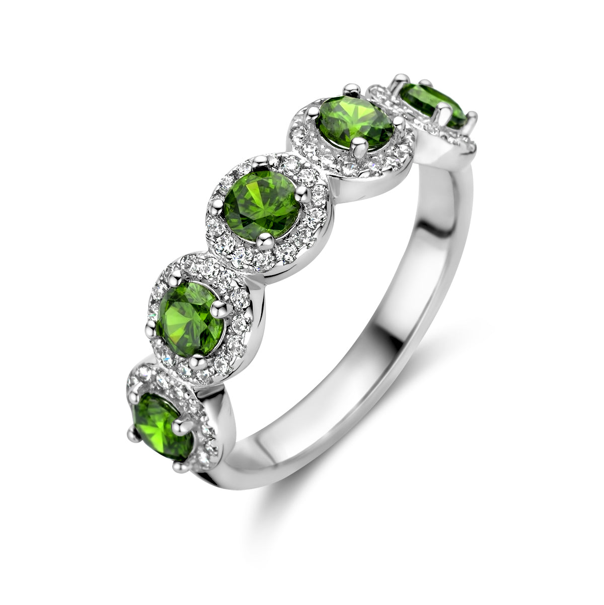 ring groen en wit zirkonia halo zilver gerhodineerd