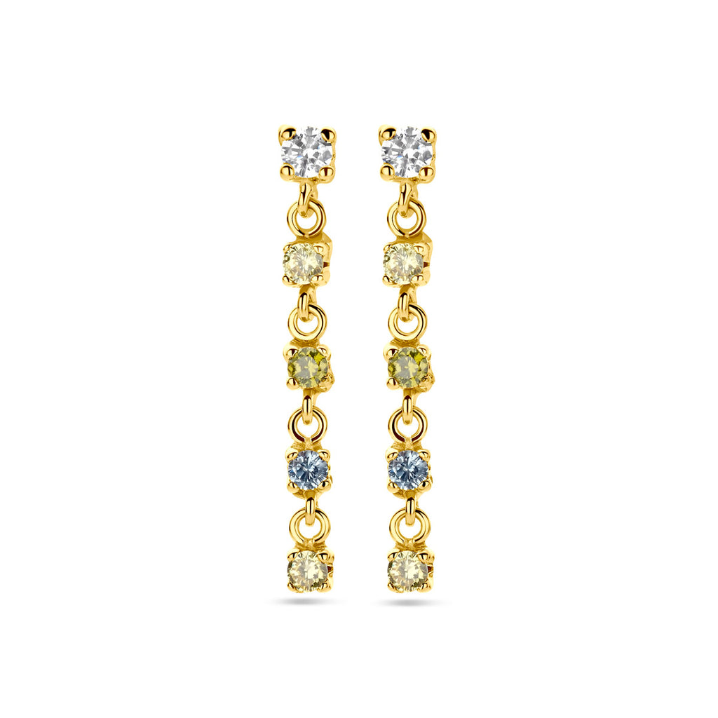 oorhangers wit, geel en groen zirkonia en synth. aquamarijn 22 mm 14K geelgoud