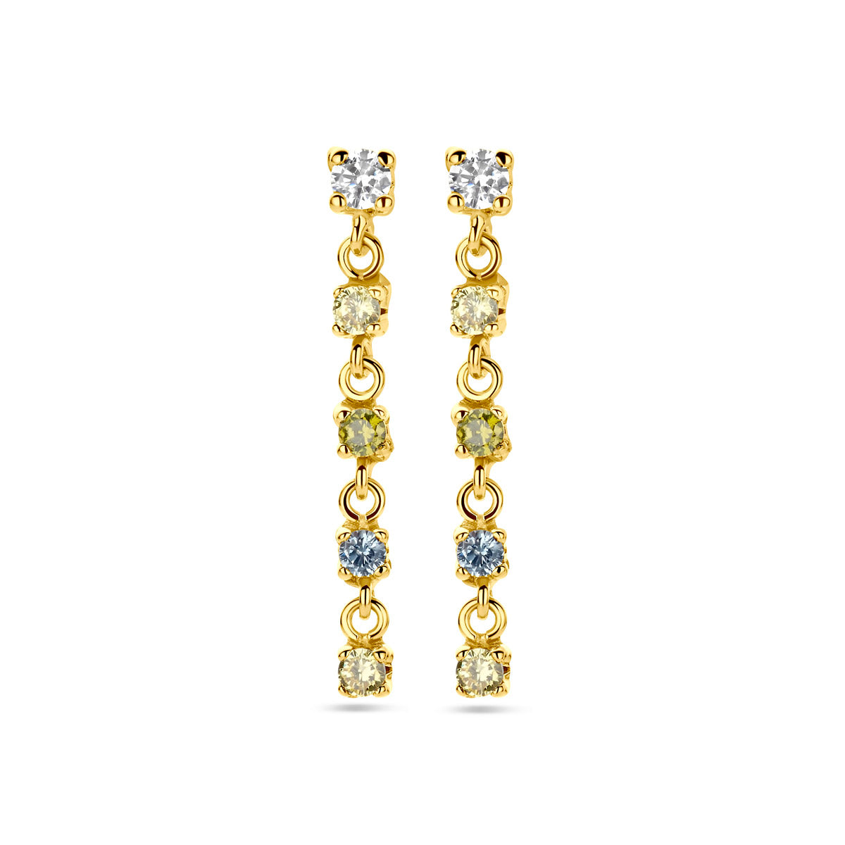 oorhangers wit, geel en groen zirkonia en synth. aquamarijn 22 mm 14K geelgoud