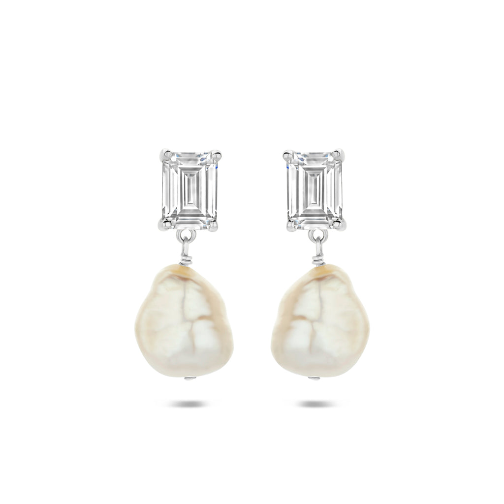 Ohrhänger Perle und Zirkonia 22 mm rhodiniertes Silber
