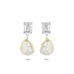 Ohrhänger Perle und Zirkonia 22 mm rhodiniertes Silber