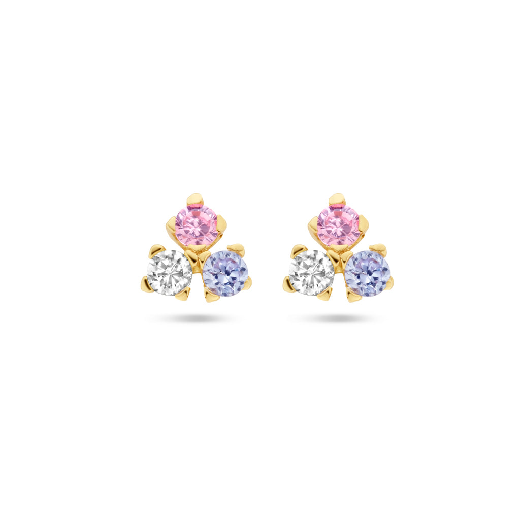 Ohrstecker blau, rosa und weiß Zirkonia 14K Gelbgold