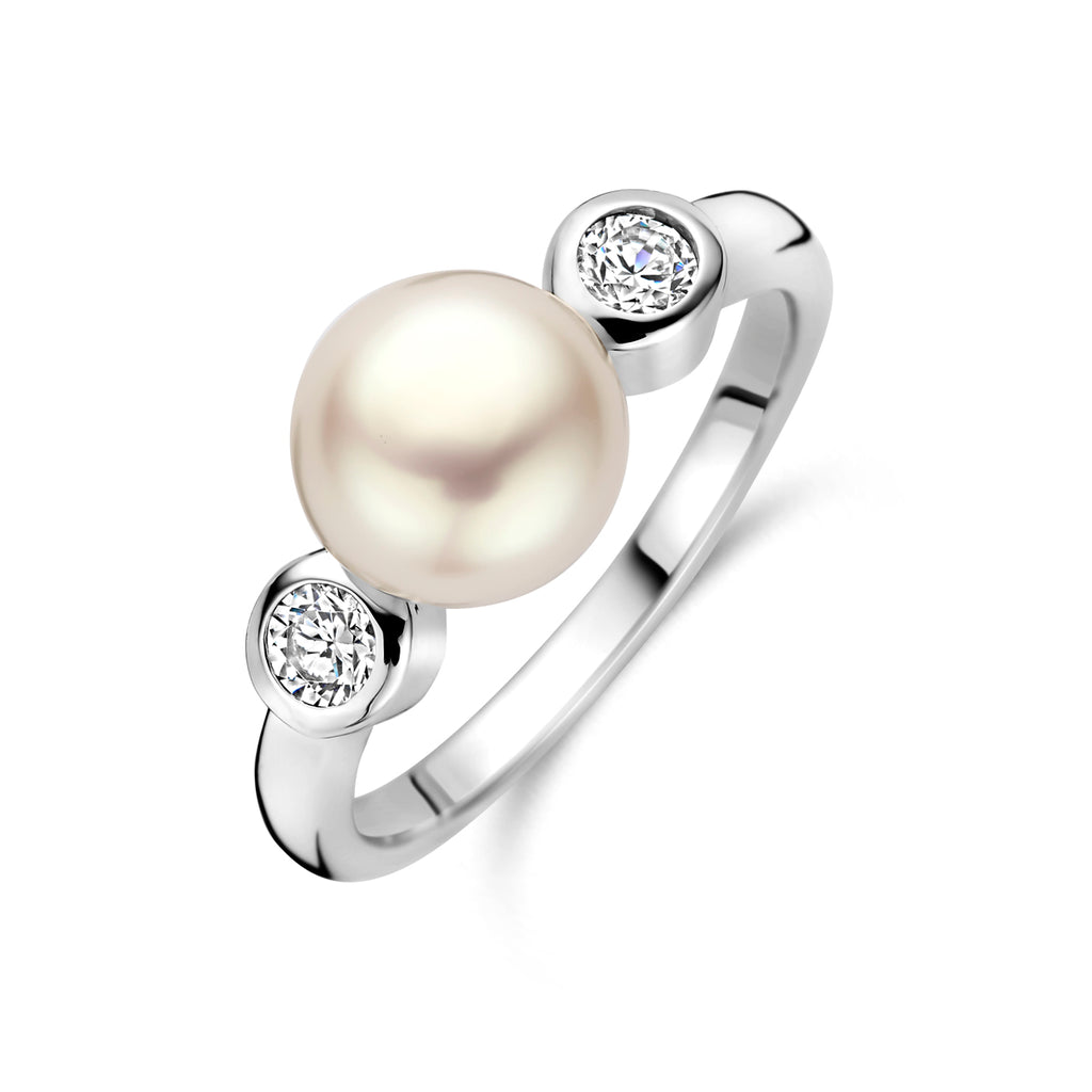 Ring Perle und Zirkonia Silber rhodiniert