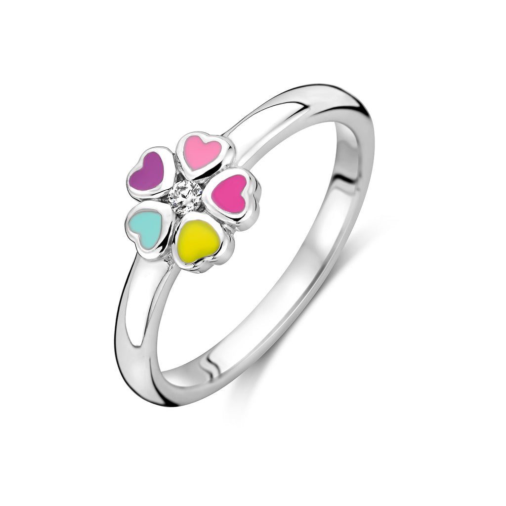 Ring Blume Zirkonia Emaille Silber rhodiniert