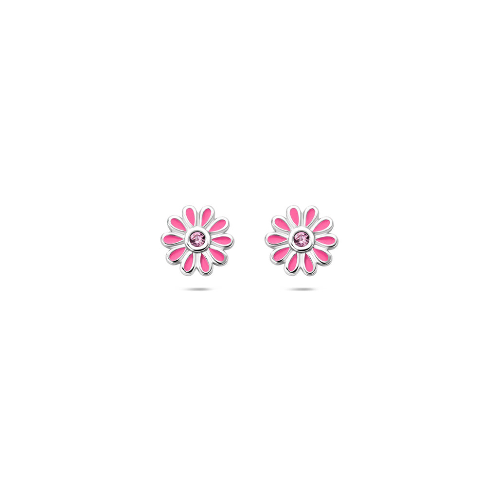 Ohrstecker Emaille Blume Rosa Zirkonia 7 mm Silber rhodiniert