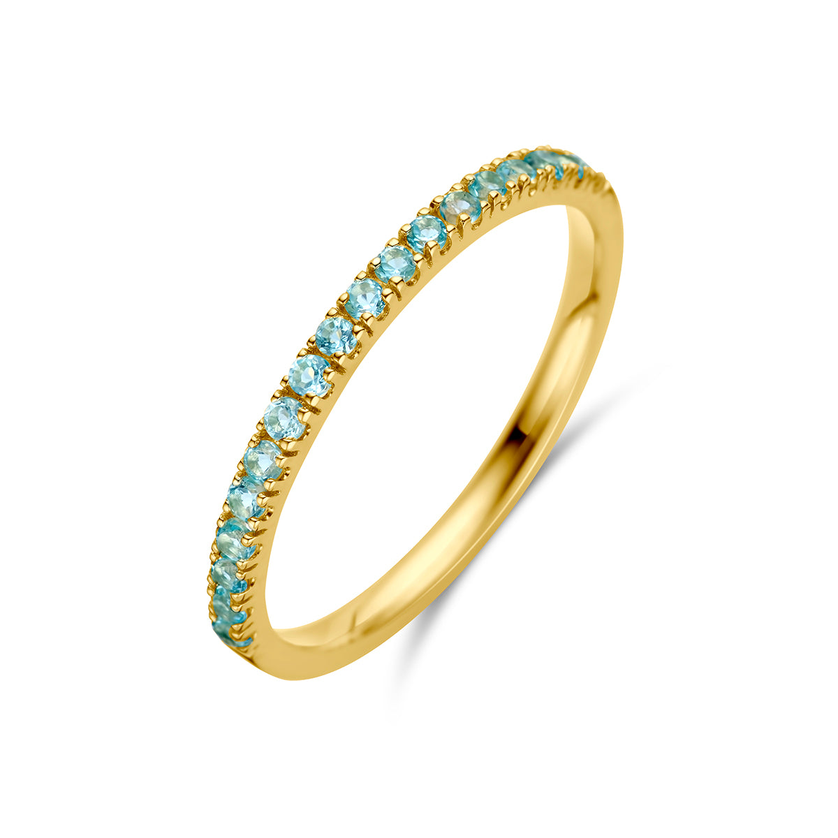 ring met geboortesteen blauw topaas december 14K geelgoud