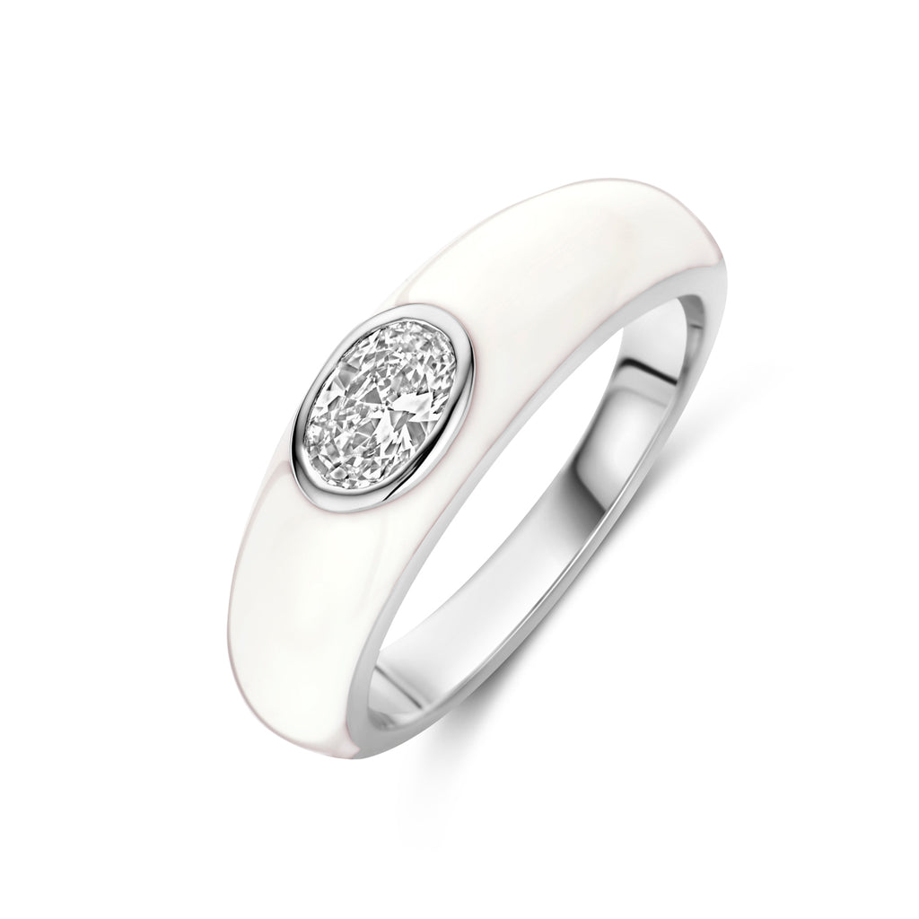 ring wit emaille en zirkonia zilver gerhodineerd
