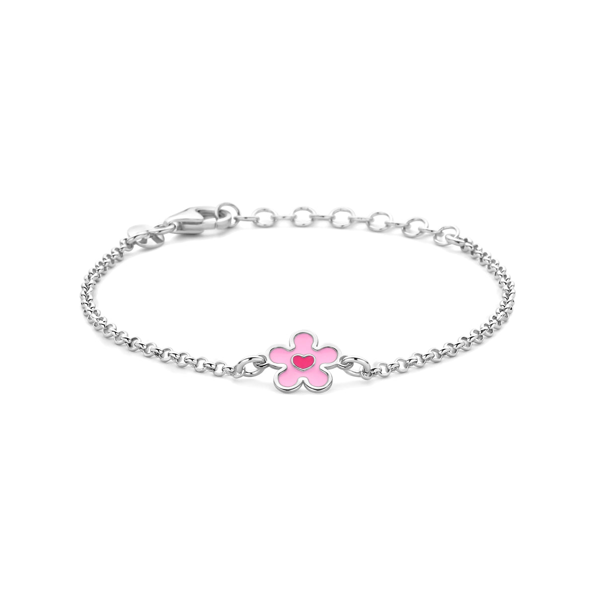armband bloem en hartje emaille 13 + 3 cm zilver gerhodineerd