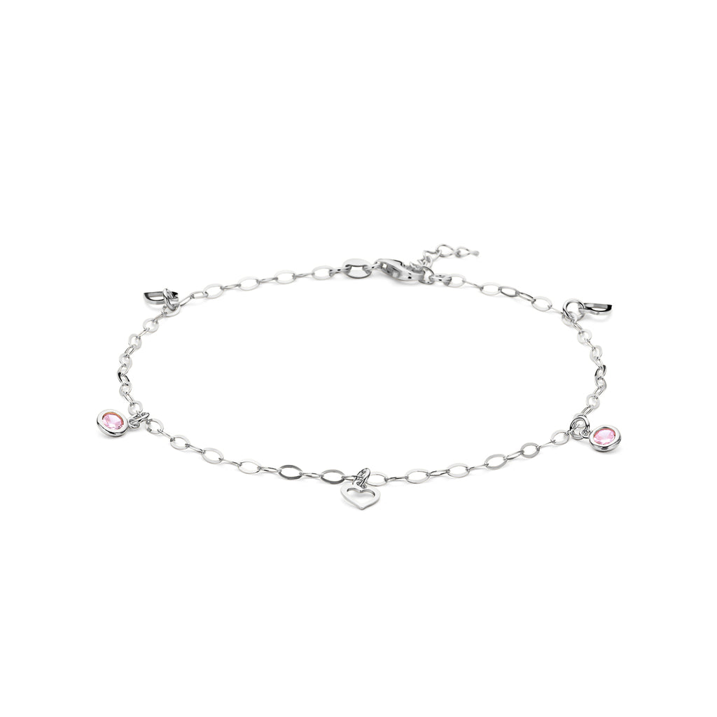 Fußkettchen Herz und rosa Zirkonia 24 + 2 cm Silber rhodiniert
