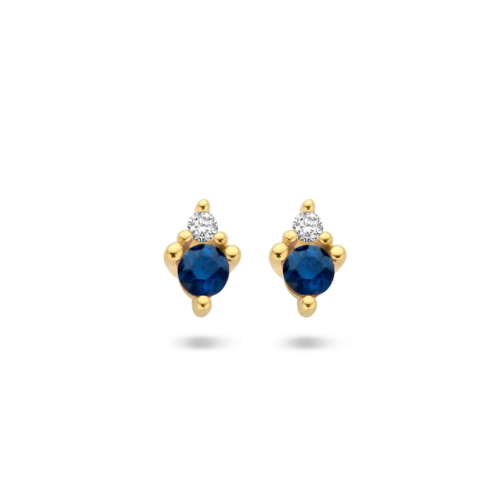 oorknoppen saffier en diamant 0.02ct (2x 0.01ct) h p1 14K geelgoud