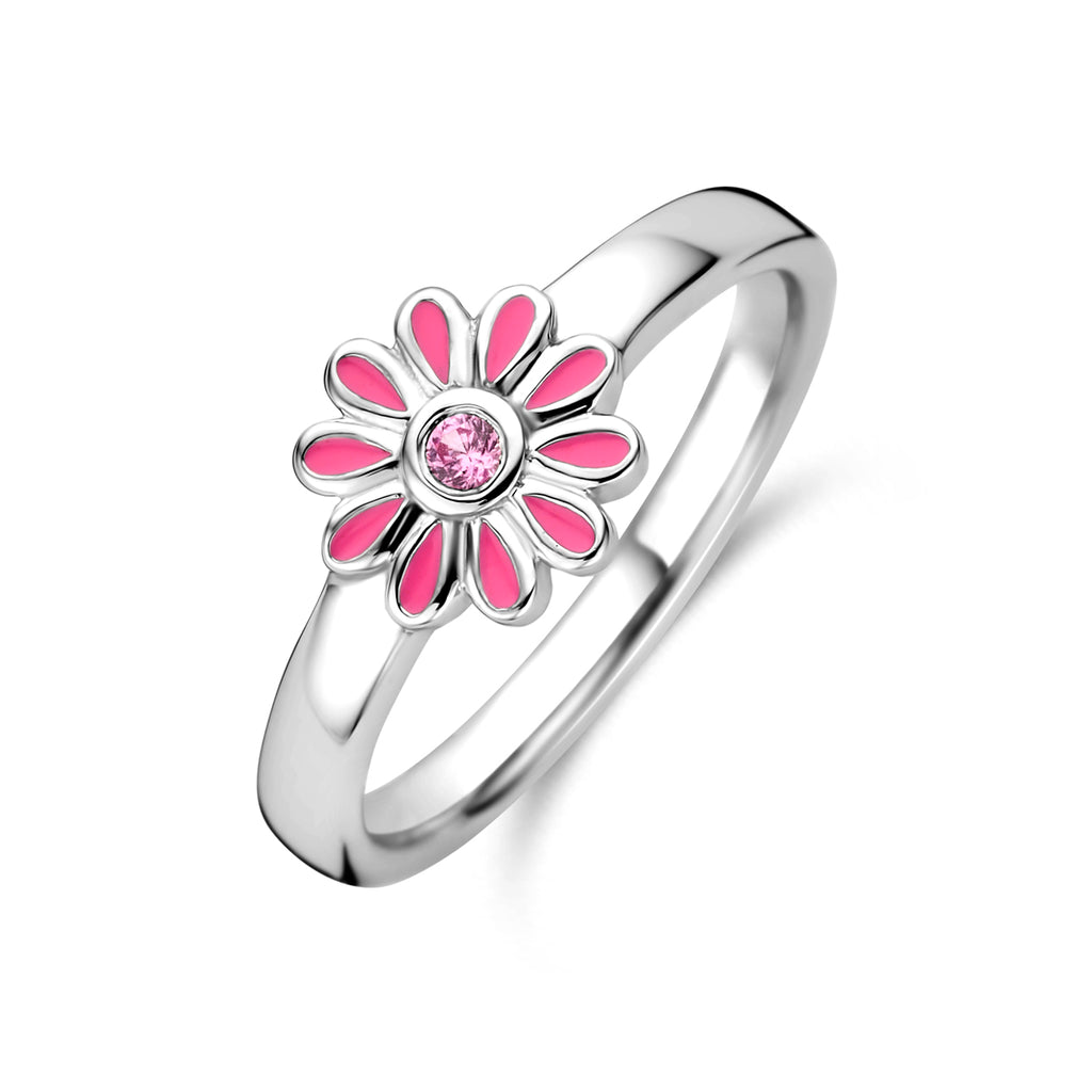 ring emaille bloem roze zirkonia zilver gerhodineerd