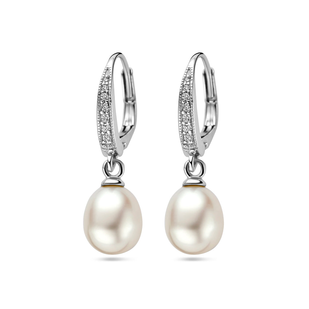 oorhangers parel en zirkonia brisur haak 29 mm zilver gerhodineerd