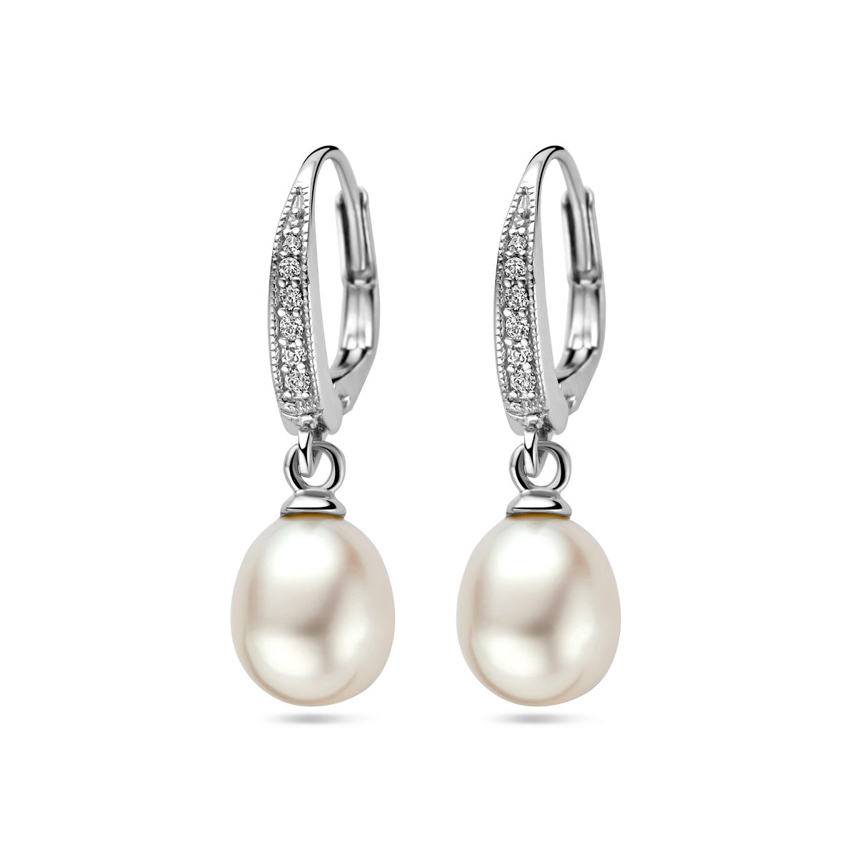oorhangers parel en zirkonia brisur haak 29 mm zilver gerhodineerd