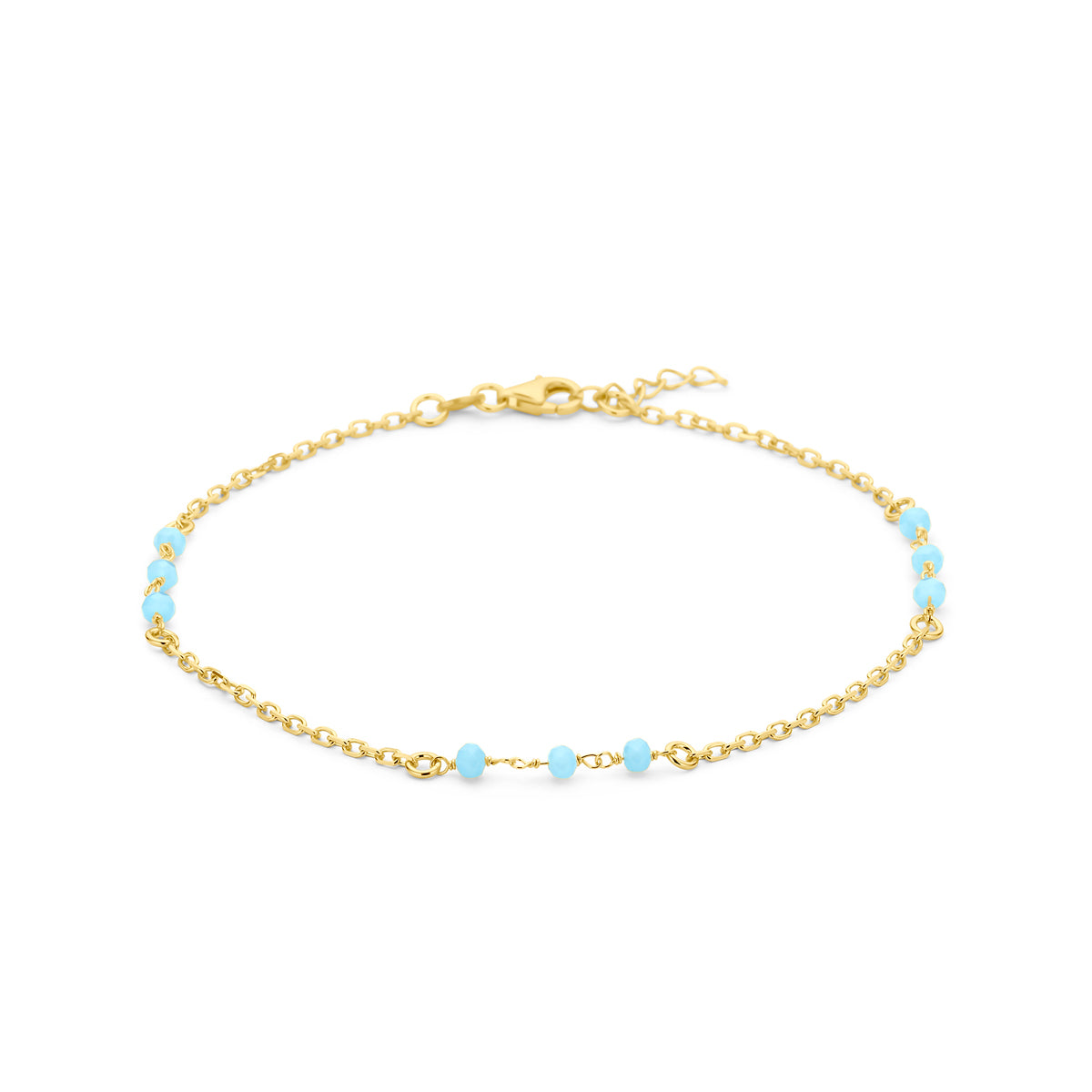 enkelbandje blauw kristal bolletjes 24 + 2 cm 3 micron zilver verguld (geel)