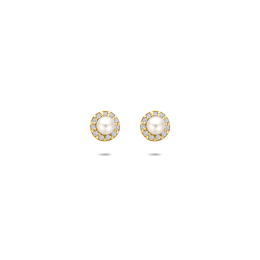 oorknoppen parel en zirkonia 5 mm 14K geelgoud
