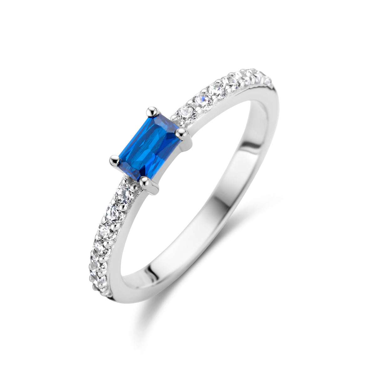 Ring mit blauen und weißen Zirkonia, Silber rhodiniert