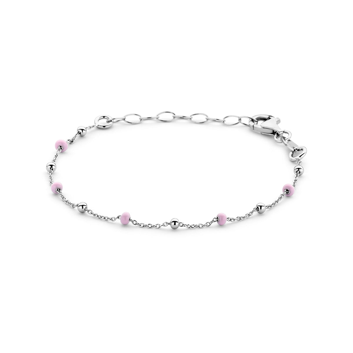 armband bolletjes roze emaille 13 + 3 cm zilver gerhodineerd
