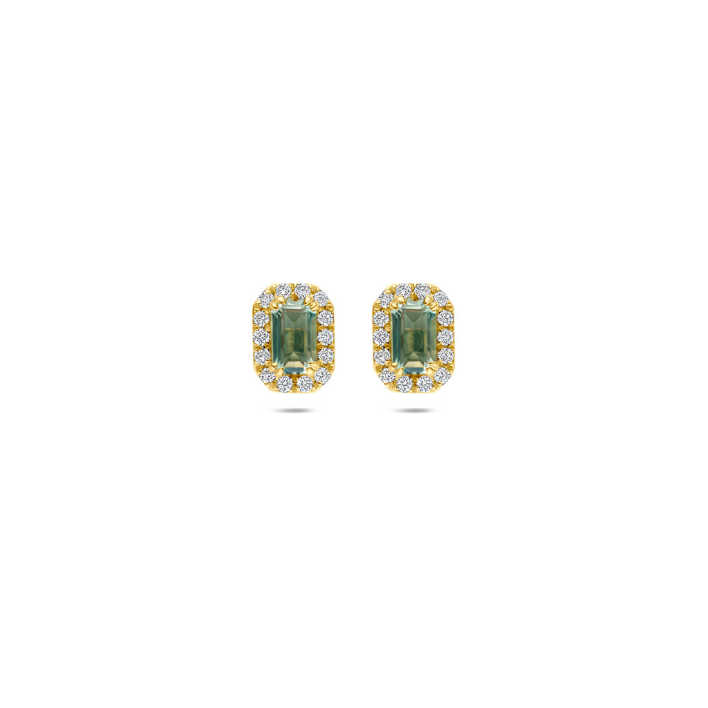 oorknoppen groen amethist en lab grown diamant 0.16ct (2x 0.08ct) f vs 7,5 mm 14K geelgoud