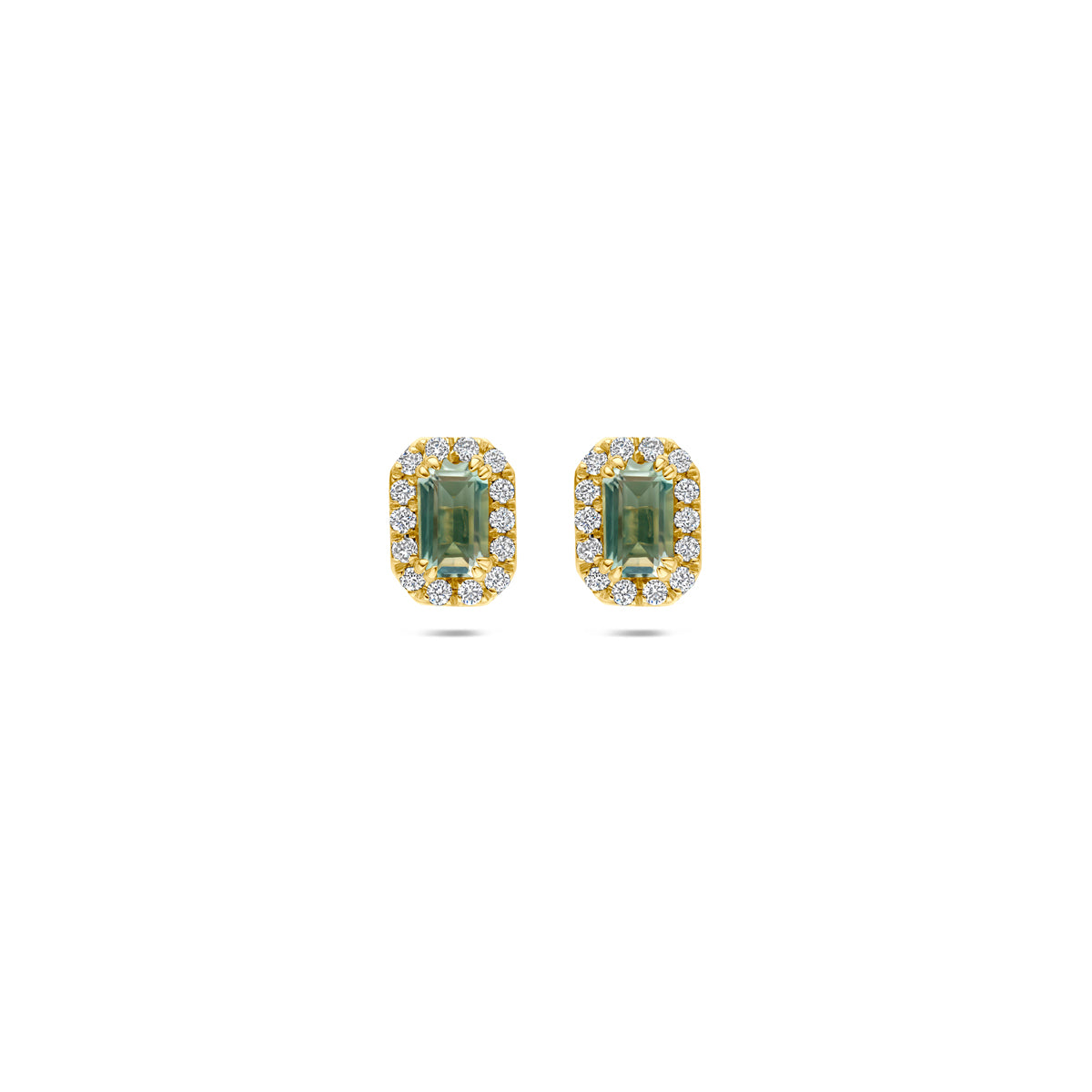 oorknoppen groen amethist en lab grown diamant 0.16ct (2x 0.08ct) f vs 7,5 mm 14K geelgoud