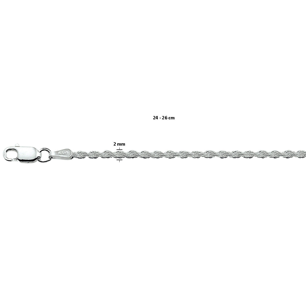 Fußkettchenschnur 2,0 mm 24 - 26 cm Silber rhodiniert