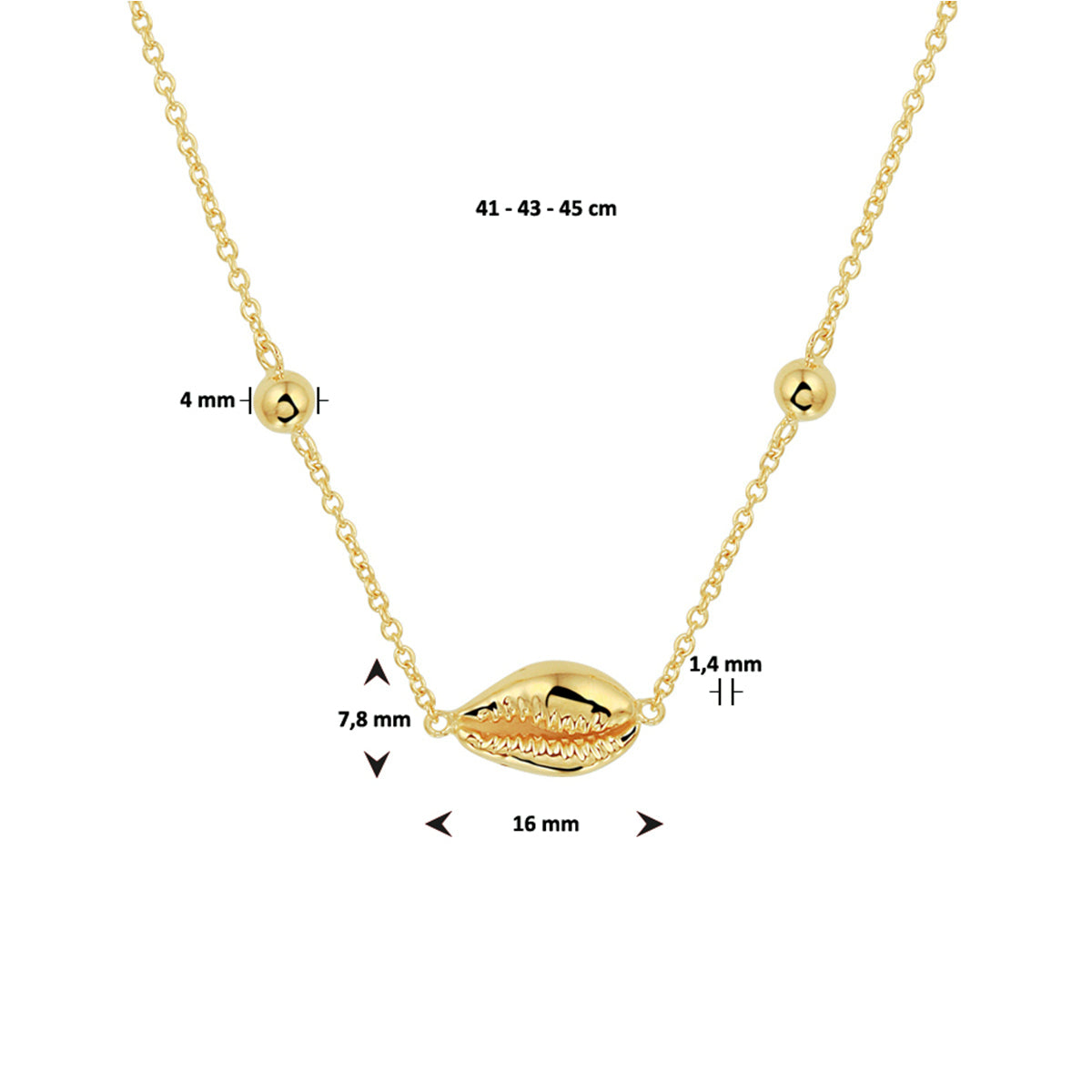 Collier schelp 41 - 43 - 45 cm zilver verguld (geel)
