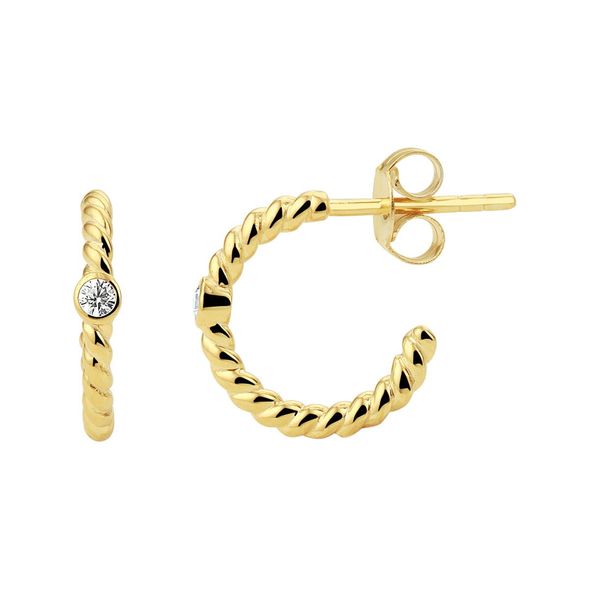 Stekeroorringen gedraaid zirkonia zilver verguld (geel)