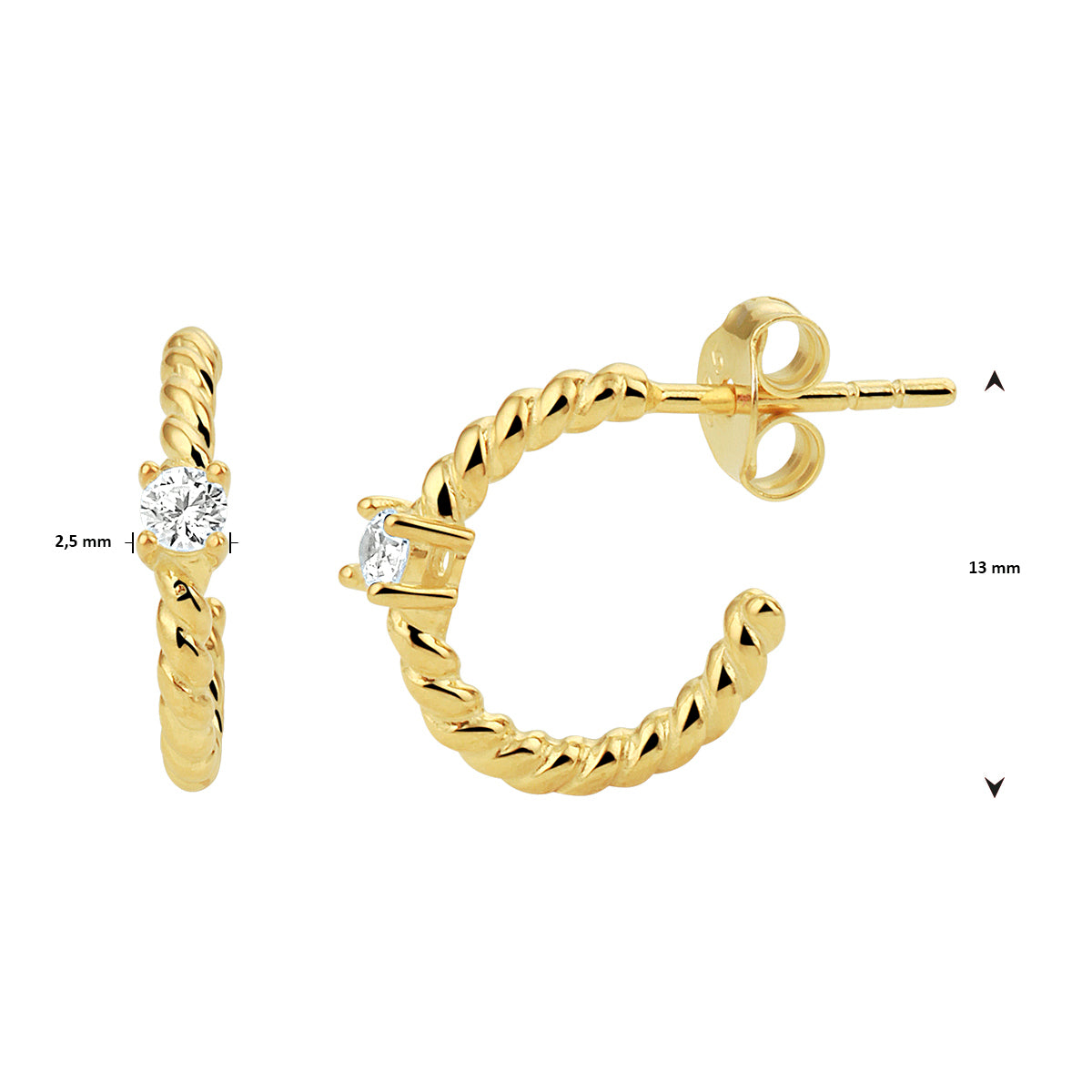 Stekeroorringen gedraaid zirkonia zilver verguld (geel)