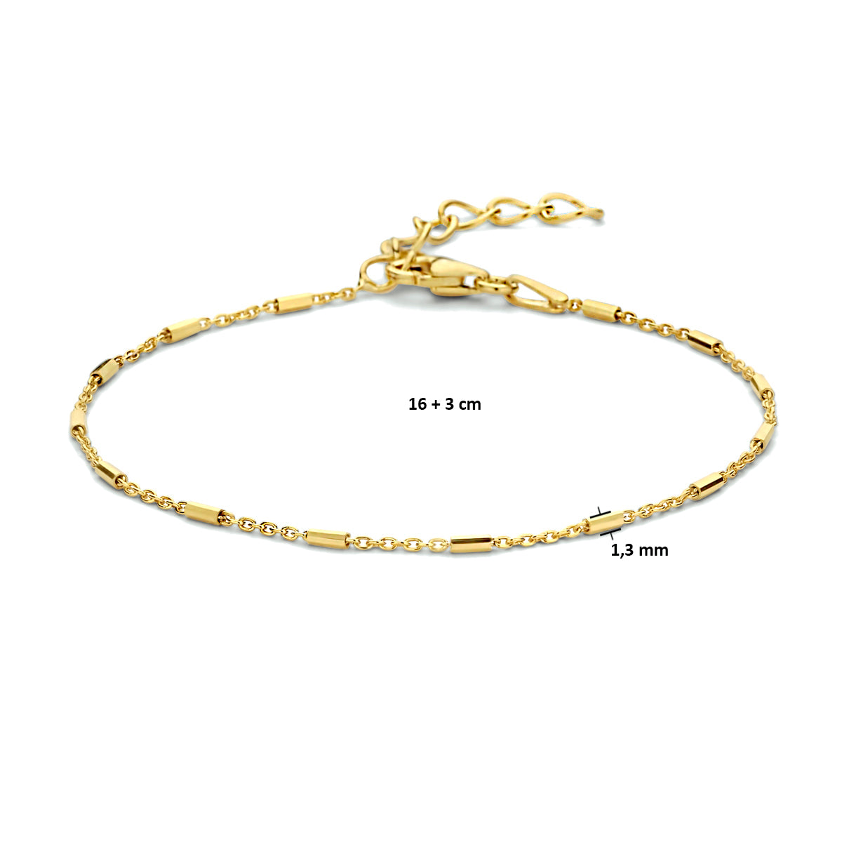Armband buisjes 1,3 mm 16 + 3 cm zilver verguld (geel)