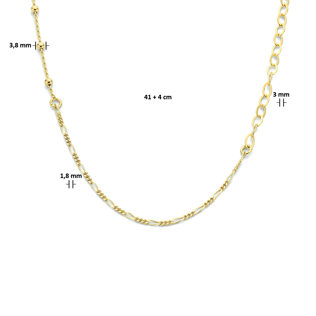 Combi-collier schakels 3,8 mm 41 + 4 cm 1 micron zilver verguld (geel)