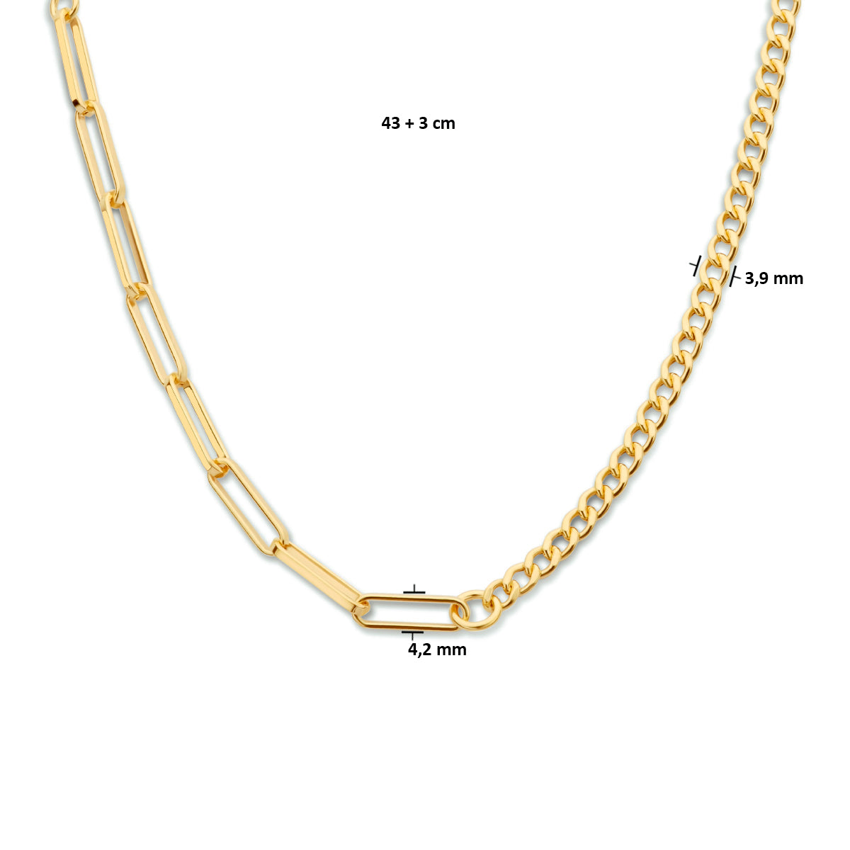 Combi-collier schakels 4,2 mm 43 + 3 cm 1 micron zilver verguld (geel)