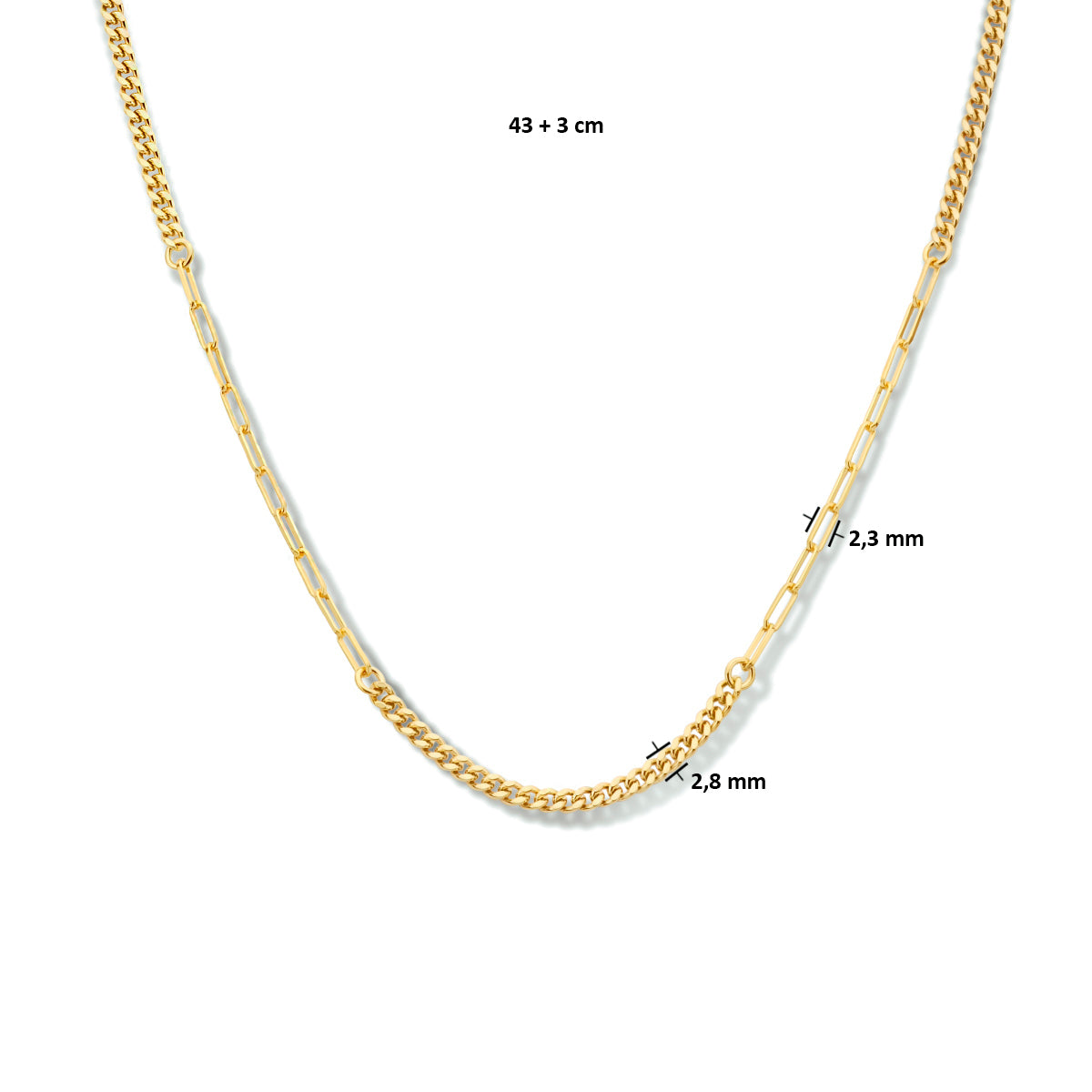 Combi-collier schakels 2,8 mm 43 + 3 cm 1 micron zilver verguld (geel)