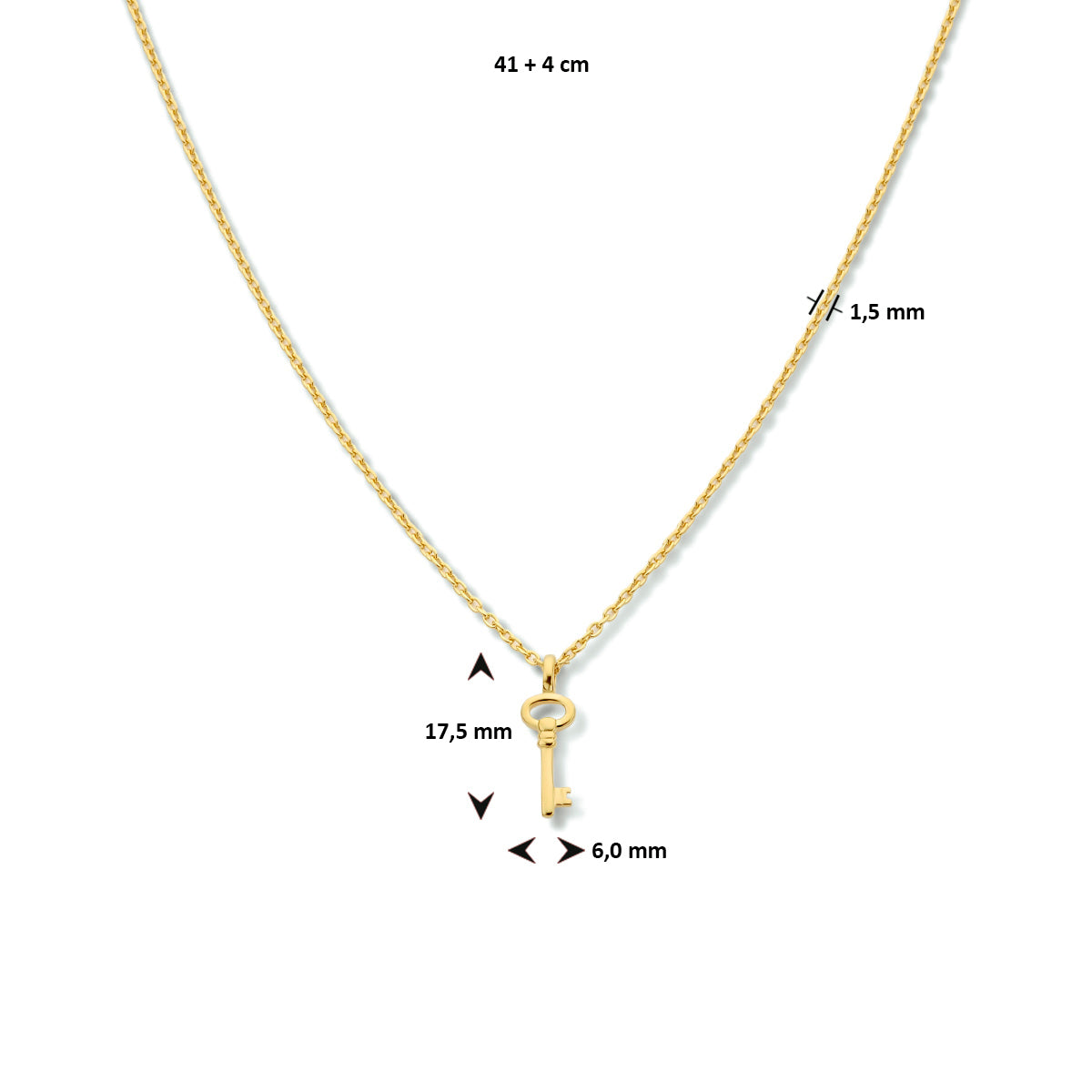 Collier sleutel 41 + 4 cm zilver verguld (geel)