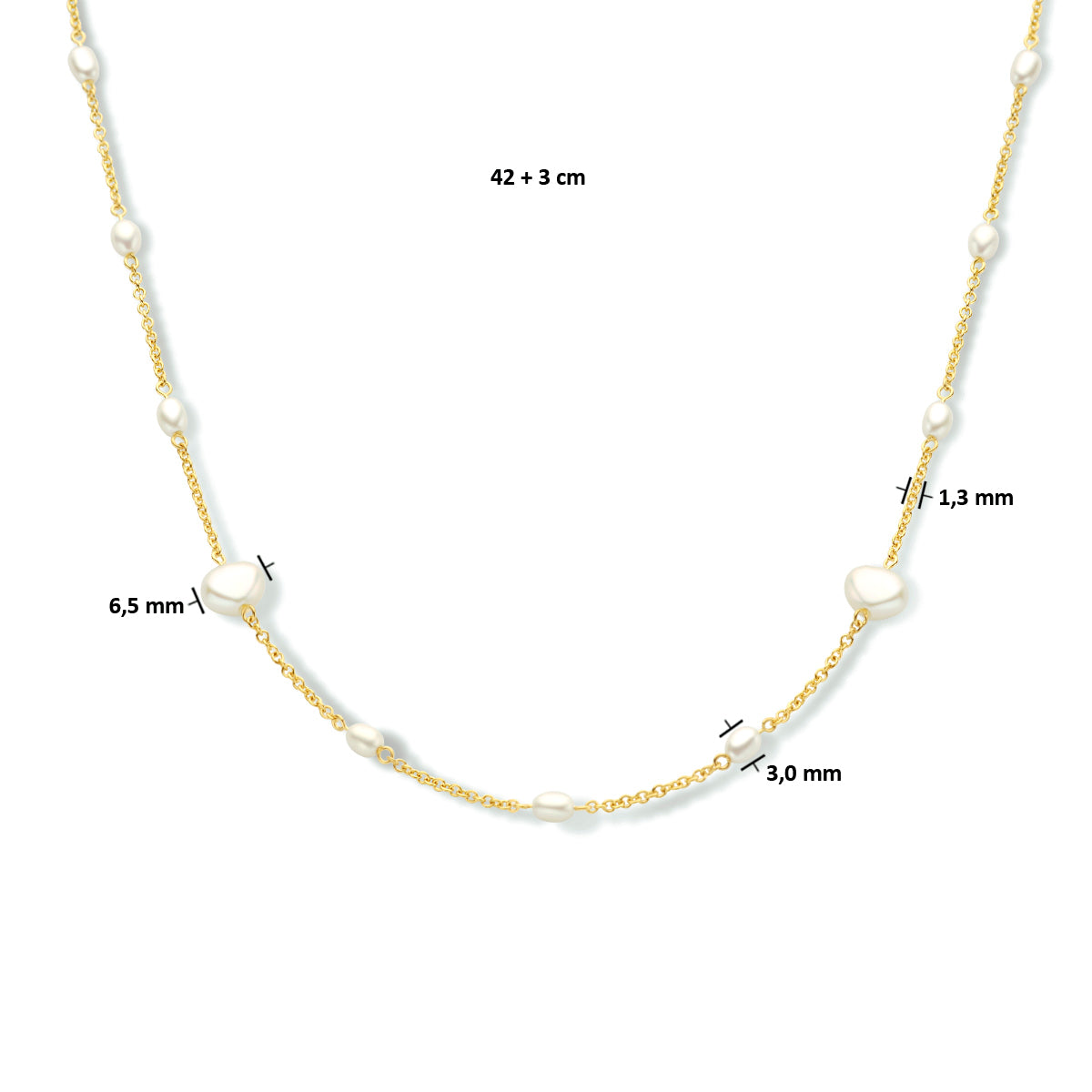 Collier parel 42 + 3 cm zilver verguld (geel)