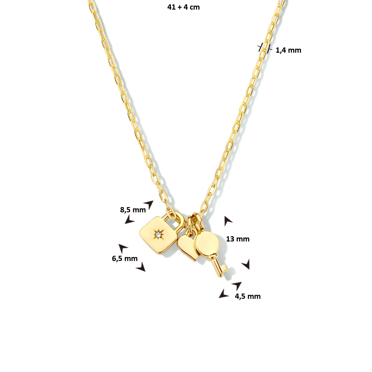 Collier slot, hart en sleutel 41 + 4 cm zilver verguld (geel)