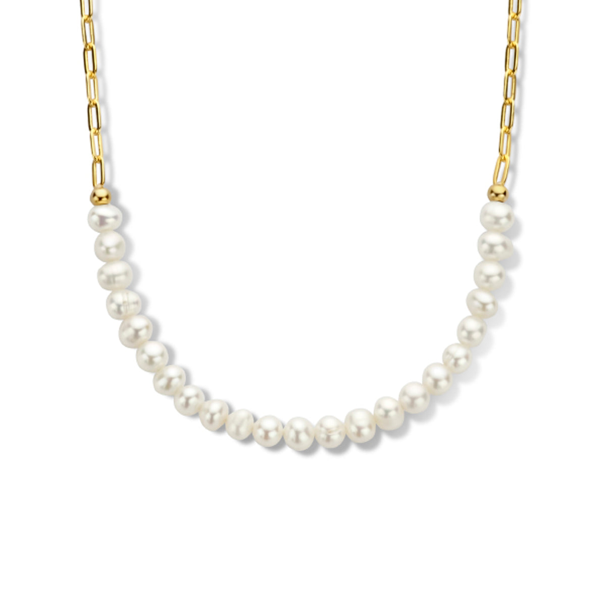 Collier paperclip en parels 40 + 3 cm zilver verguld (geel)