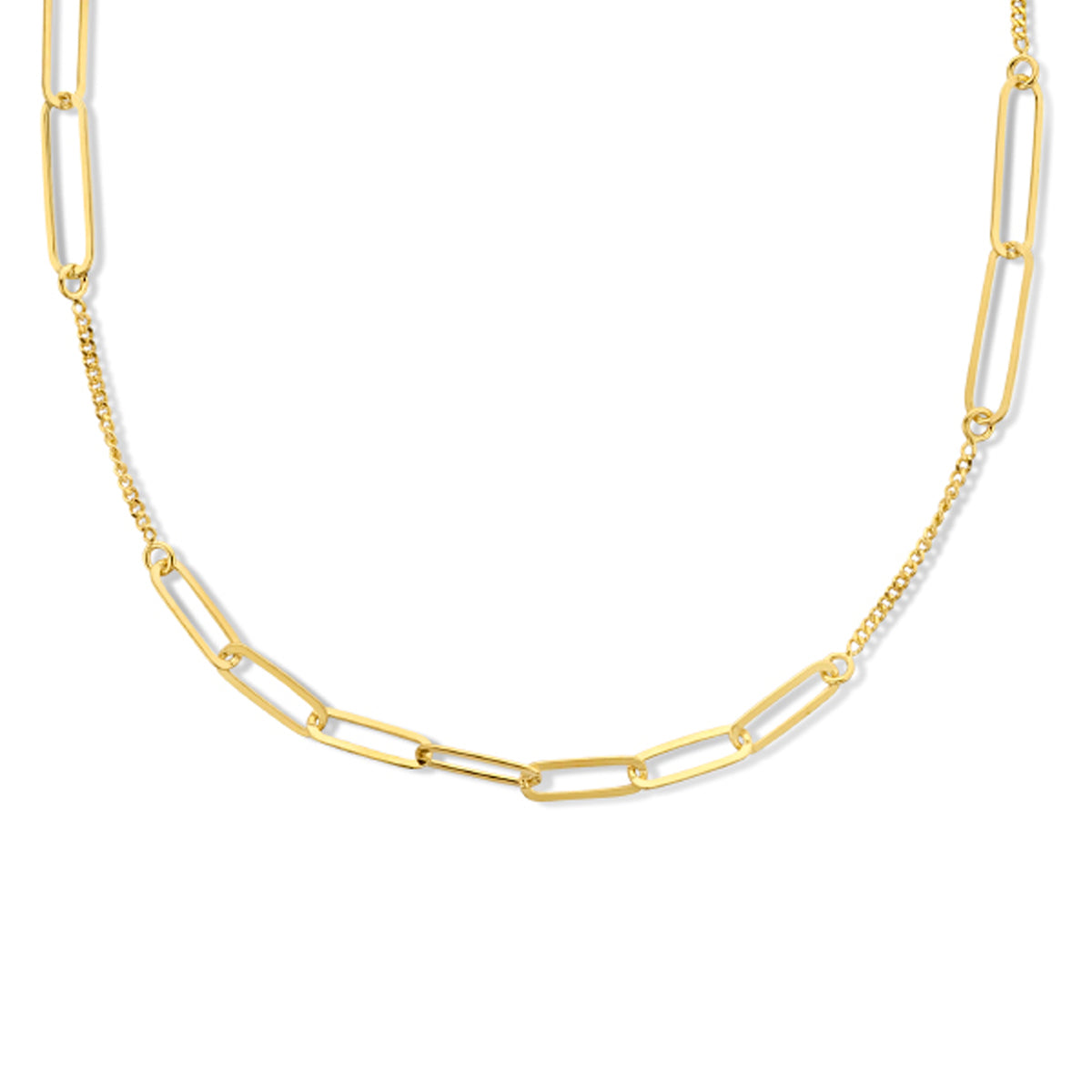 Combi-collier paperclip platte buis en gourmette 3,7 mm 42 + 3 cm zilver verguld (geel)