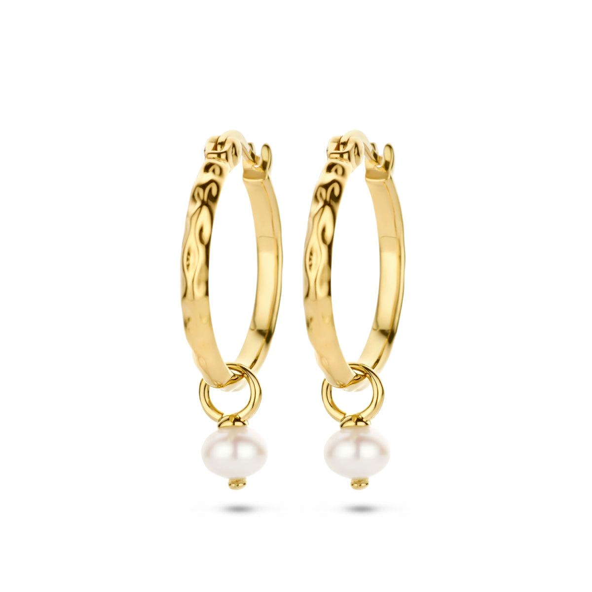 Oorringen gehamerd parel zilver verguld (geel)