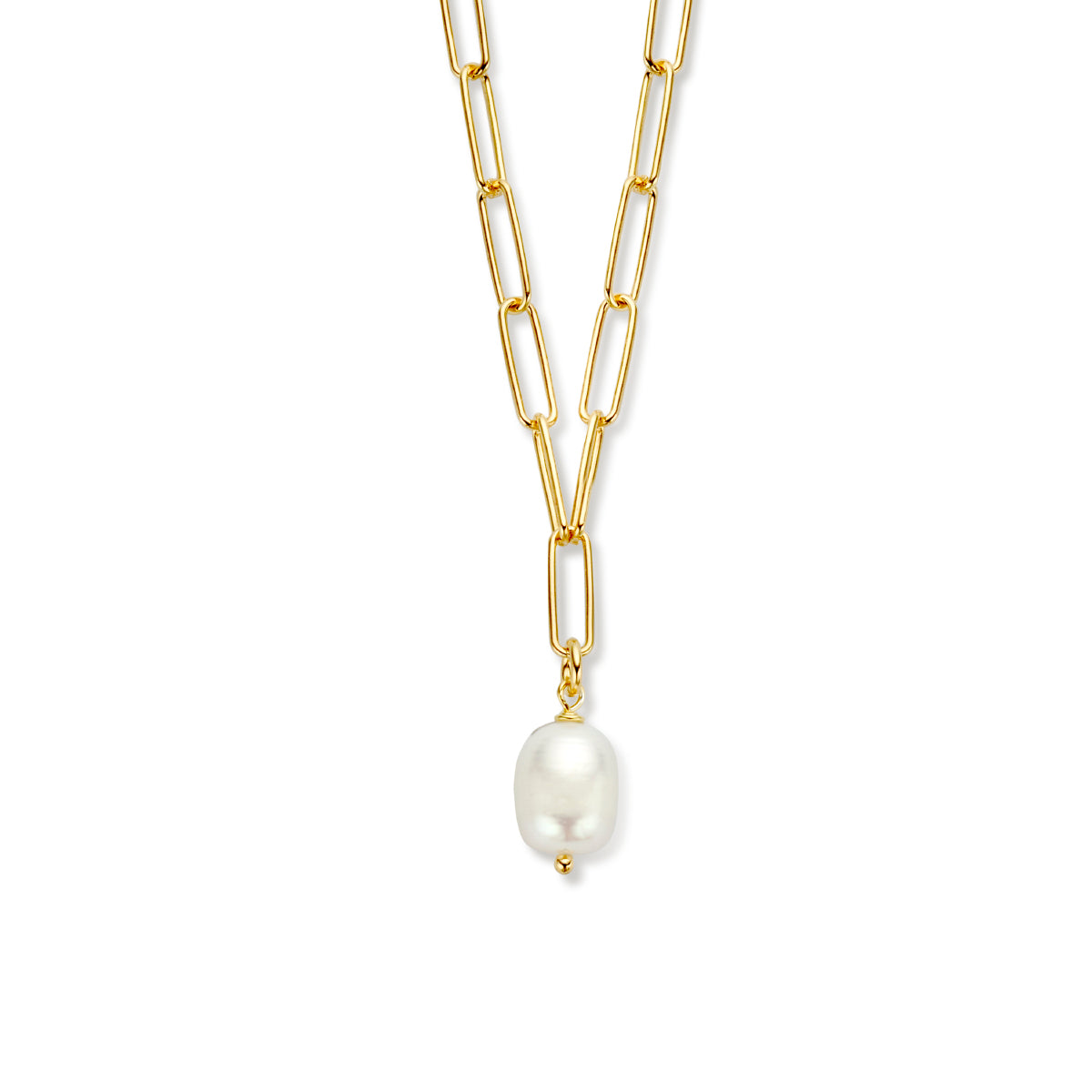 Collier paperclip ronde buis en parel 44cm 1 micron zilver verguld (geel)