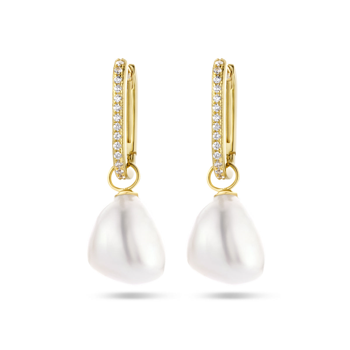 Oorringen paperclip barok parel en zirkonia zilver verguld (geel)