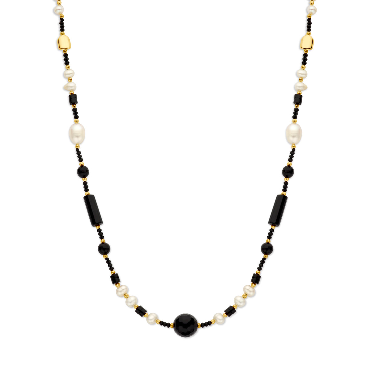 Collier parel en onyx 48 + 3 cm 3 micron zilver verguld (geel)