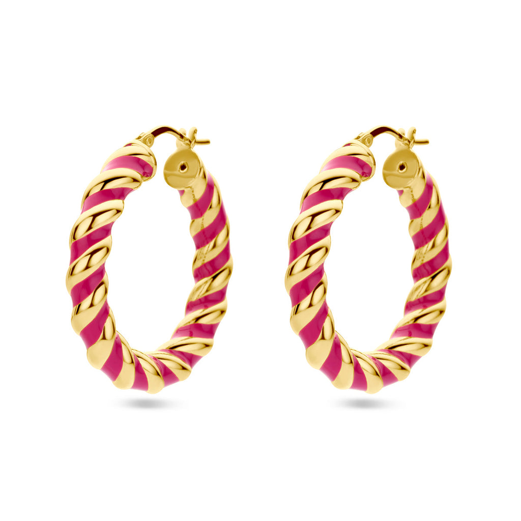 Oorringen gedraaid roze emaille 1 micron zilver verguld (geel)