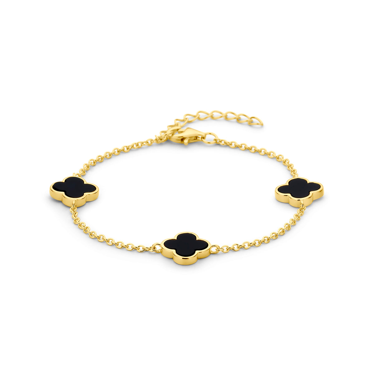 Armband klavertjes onyx 16 + 3 cm 3 micron zilver verguld (geel)