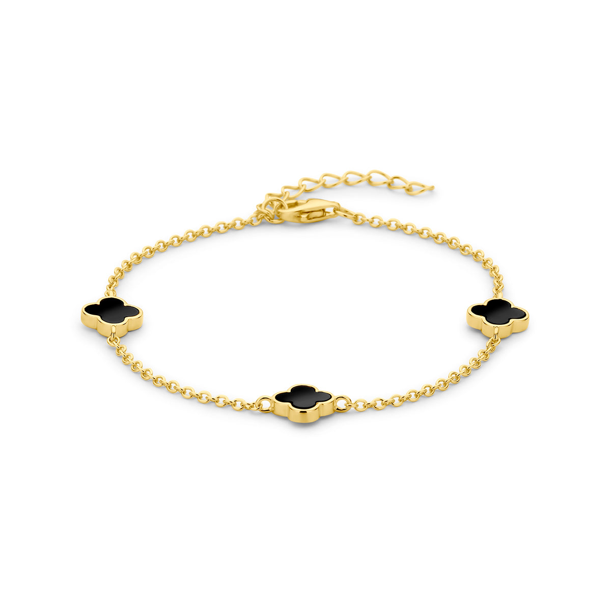 Armband klavertjes onyx 16 + 3 cm 3 micron zilver verguld (geel)