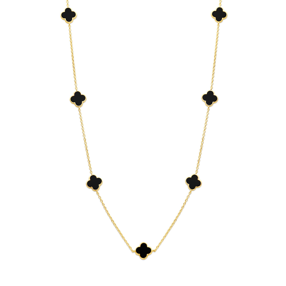 Collier klavertjes onyx 43 + 3 cm 3 micron zilver verguld (geel)